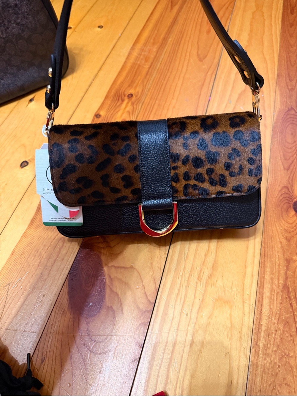 Leopard-Print Flap Crossbody Bag in Black and Brown
